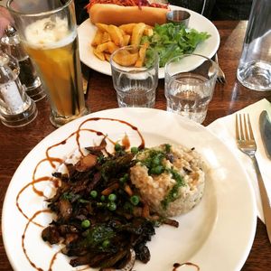 Hot dog + Risotto champignon  at Brasserie LoLa in Paris