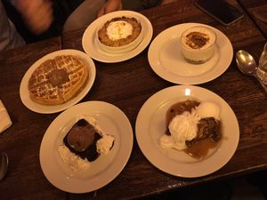 Waffle, chocolate cake, parfei, apple pie, arroz con leche.  at Brasserie LoLa in Paris