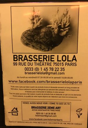 Menu cover  at Brasserie LoLa in Paris