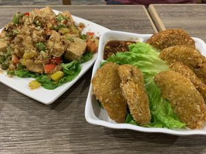 Spicy Tofu and Prawn Cakes at Thai Vegetarian Food 泰國素食 in Kowloon