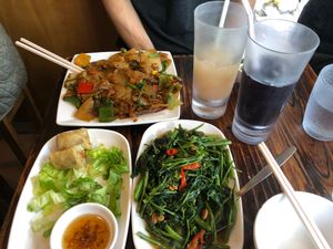 Veggie spring rolls, morning glory, and spicy flat noodles at Thai Vegetarian Food 泰國素食 in Kowloon