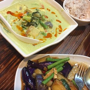 green curry and aubergine thai basil dish at Thai Vegetarian Food 泰國素食 in Kowloon