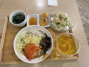 Set lunch with cold ramen, avocado salad, pumpkin tempura, and spinach in sesame sauce, with  tea   at Isoya Japanese Vegetarian in Hong Kong Island