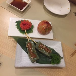 Gluten skewers and roasted tomato at Isoya Japanese Vegetarian in Hong Kong Island