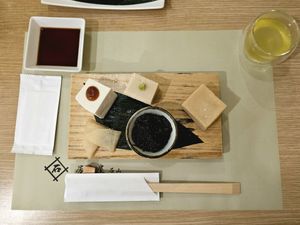 Appetizer platter with 3 different kinds of tofu at Isoya Japanese Vegetarian in Hong Kong Island