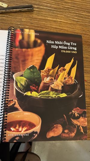 Steamed Mushrooms Stuffed in Bamboo
Tubes with Ginger Fish Sauce  at Soha plant-based Tea & Coffee in Ho Chi Minh