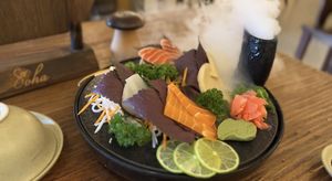 Vegan sashimi- dry ice sublimates   at Soha plant-based Tea & Coffee in Ho Chi Minh