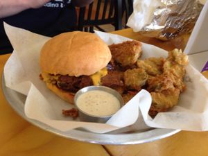 Burger and fried pickles  at Go Vegan Grill in Decatur