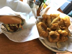 BBQ pulled pork sammy and onion rings! Delish! Support the locals as much as you can! at Go Vegan Grill in Decatur