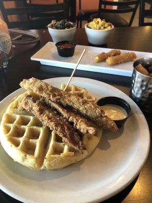 Chick’n and waffles, cheese sticks, collards, and Mac at Go Vegan Grill in Decatur