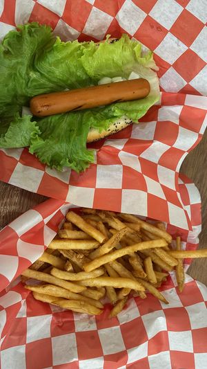 Vegan dog with French fries  at Billy's Gourmet Hot Dogs in Gulf Shores