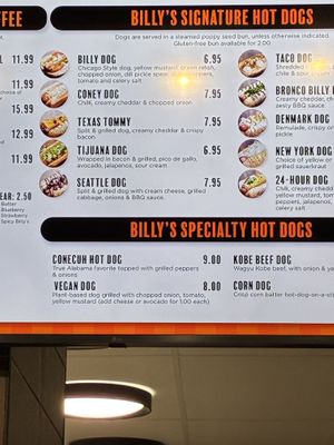 Menu   at Billy's Gourmet Hot Dogs in Gulf Shores