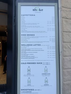 Drinks menu- plant based milks available  at Shake Cafe - Santa Maria Novella in Florence