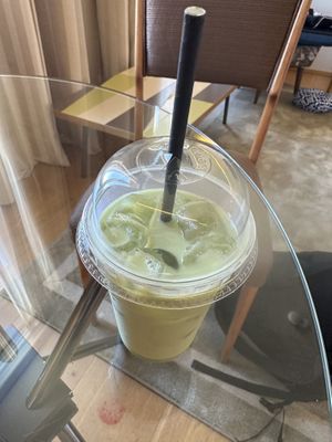 Matcha latte to-go with pea protein milk  at Shake Cafe - Santa Maria Novella in Florence