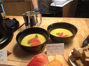 Cold Spanish Melon-grapefruit soup  at Little Kind Cafe in Munich