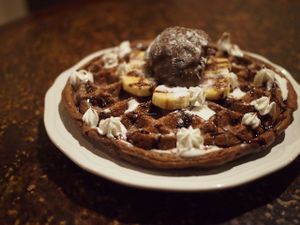 Chocolate waffle with icecream. All vegan! at Veganday Cafe in Taichung