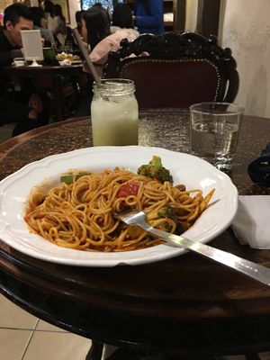 Tomato pasta and fruit juice :)  at Veganday Cafe in Taichung