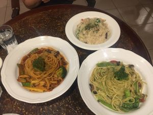 Tomato and cumin spaghetti, cream sauce risotto, Spinach and cashew spaghetti. All delicious . at Veganday Cafe in Taichung