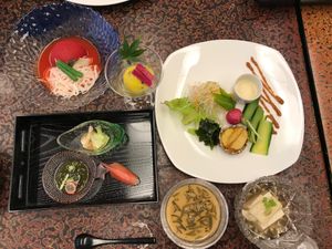 Some of the many dishes that are part of dinner.  at Ebisu-ya in Izunokuni