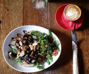 latte & mushrooms on sourdough at Lost Boys in Brisbane