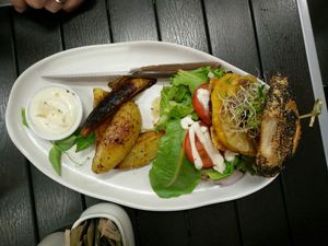 The lot burger plus wedges at Nurcha Maroochydore in Buderim