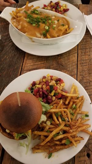 Poutine and Burger Mexicano at Antidote Bouffe Vegane in Montreal