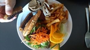 Seitan sausage, chickpea omelette lentil pate vegan brunch at Antidote Bouffe Vegane in Montreal