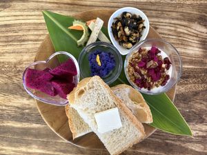 A vegan platter served at the café attached to the hotel. We use organic ingredients and seasonings wherever possible, such as organic flour and soya milk.  at Holistic Retreat Coco ねこ・おと・いのちのねどこ  in Ishigaki