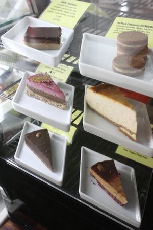 selection of vegan raw cheesecakes, always ask  at Portobello Juice Cafe in West London