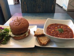 burger and soup at SOL CAL Cafe in San Diego