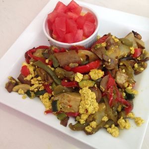 HEALTHY HASH $11.95
Tofu Scramble, Sweet Potato Hash, Bell Peppers, Mushrooms, Onions, Carrots, Served with Fruit at SOL CAL Cafe in San Diego