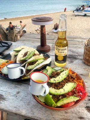 Tacos & poke bowl. The salsa is quite spicy  at Terraza del Arquitecto in Mazunte