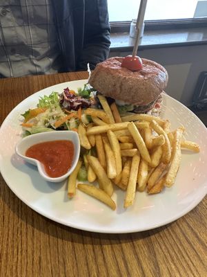 Burger and fries   at Karmana 100% Plant Based in Northampton