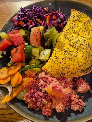 Delicious curry patty and selection of salads at Mudlarks Garden Cafe in Hertford