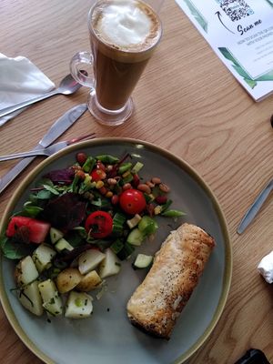 Mushroom roll and salad with soya latte at Mudlarks Garden Cafe in Hertford