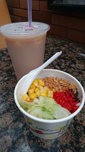 Braised Vegetables Meat Rice and Soy Milk Green Tea at Joy Bar in Taipei
