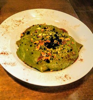 Vegan ravioli stuffed with seitan and vegetables at Fargo in Sevilla