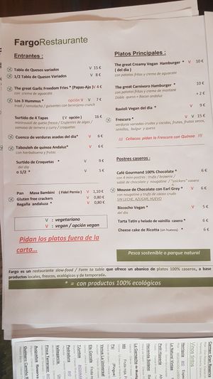 menu in spanish at Fargo in Sevilla