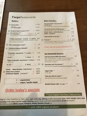 The menu offers a lot of vegetarian and vegan options. They also have a menu of the day. at Fargo in Sevilla