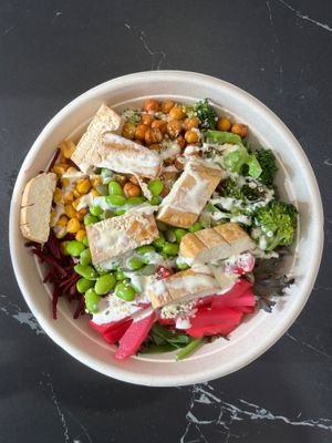 Vegan bowl with tofu at KRAVEE FOODS in Toronto