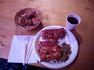 Pizza, Lasagna, Lentils, tea and some bread.. Delicious! at Jaa Nu' - La Nuova Vita in Genoa