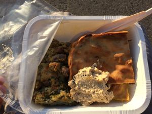 Miscellaneous including awesome asparagus and olives lasagna and two version of local filled “focaccia”  at Jaa Nu' - La Nuova Vita in Genoa