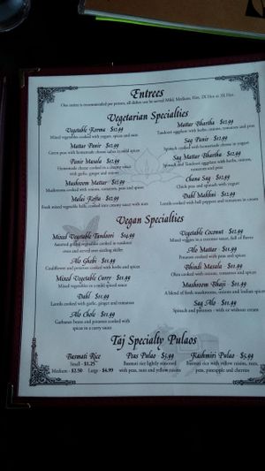 Vegan menu section at Taj Mahal in Prescott