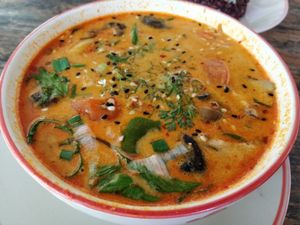 Vegetarian Tom yam soup with coconut milk at Pun Pun Market in Chiang Mai