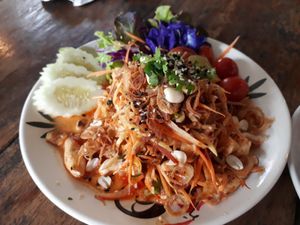 Banana flower salad (vegan without egg) at Pun Pun Market in Chiang Mai