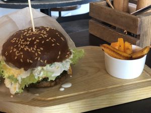 Tofu Burger with Vegan Cheese Sauce at Cafe Ukrop III in St Petersburg