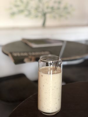 Tropical Smoothie with Coconut Milk, pineapple, banana, cashews and dates at Cafe Ukrop III in St Petersburg