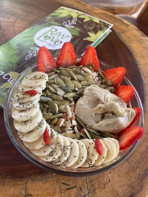Chocolate Dream smoothie bowl with added cashew butter on top at Raw Love - Ahau Tulum Beach in Tulum