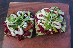Phenomenal avocado on whole meal bread with red cabbage and sour cream. Vegan   at Raw Love - Ahau Tulum Beach in Tulum