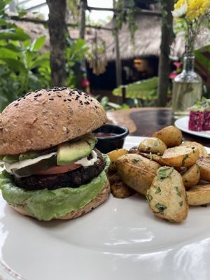 Vegan burger   at Raw Love - Ahau Tulum Beach in Tulum